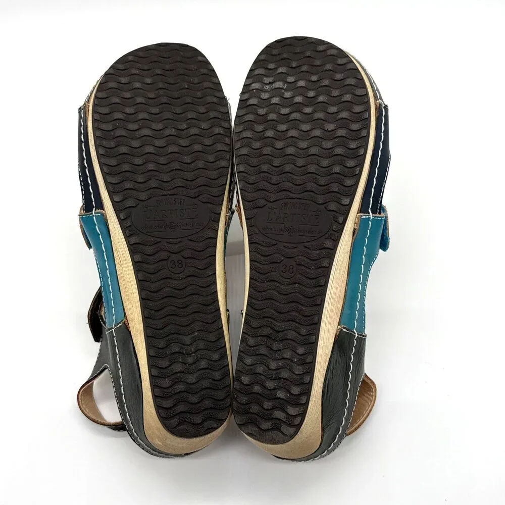 L'Artiste by Spring Step MELISSA Navy/Teal Leather Wedge Sandal Wm US 7.5 & EU38